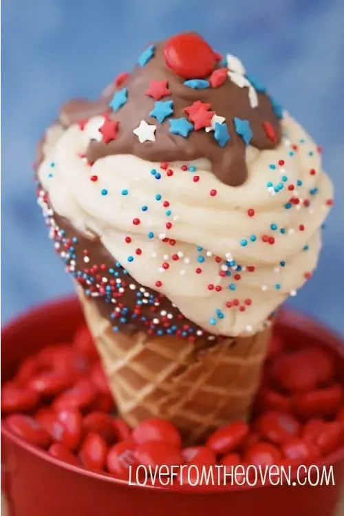 red, white, and blue cupcake ice cream cones