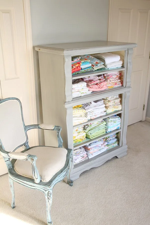 upcycled dresser as fabric storage