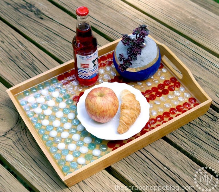 Red, white, and blue serving tray made with glass beads and epoxy.