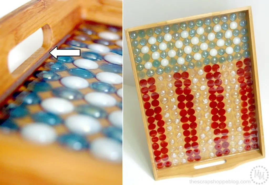 Red, white, and blue serving tray made with glass beads and epoxy.