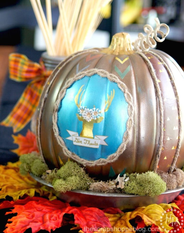 Painted Thanksgiving Pumpkin with Gold Deer Silhouette