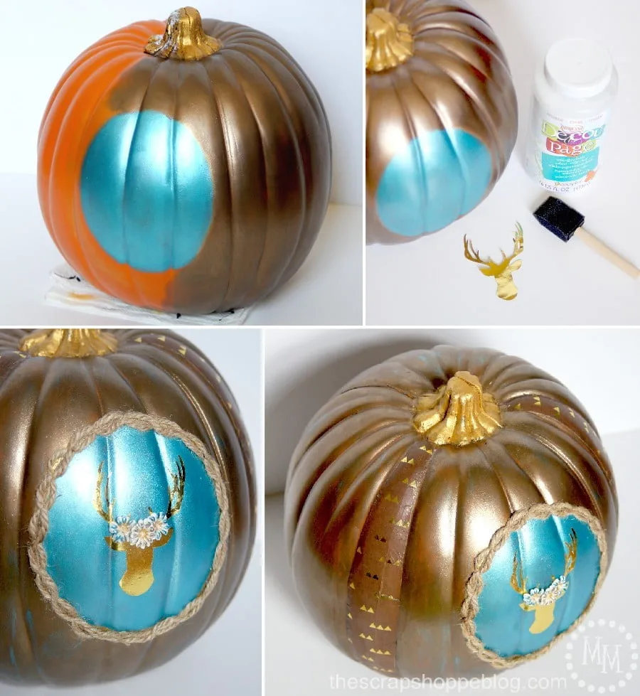 Painted Thanksgiving Pumpkin with Gold Deer Silhouette