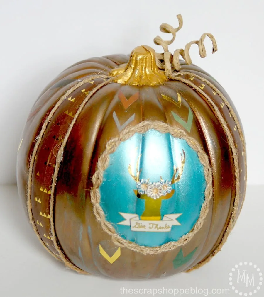 Painted Thanksgiving Pumpkin with Gold Deer Silhouette