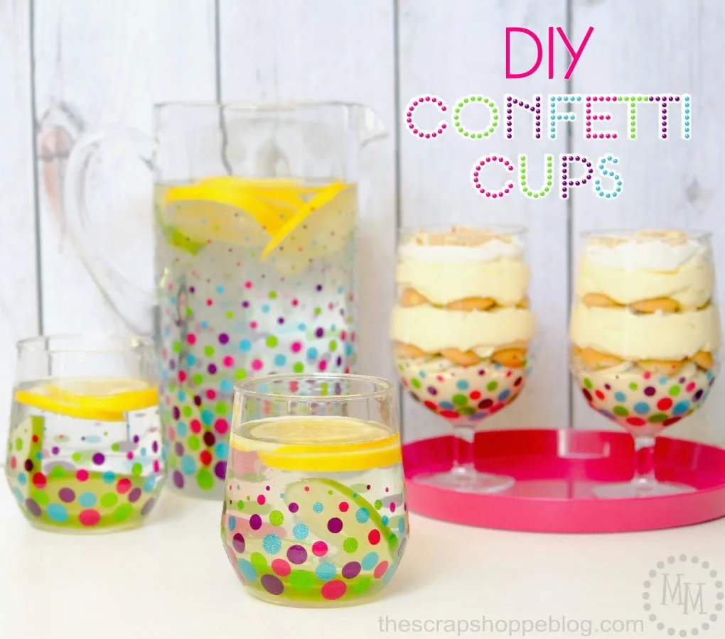 DIY Confetti Cups - perfect for a fun get together! Made with transparent glitter adhesive vinyl.