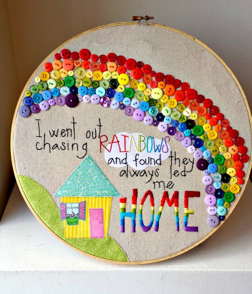 rainbow button embroidery hoop art