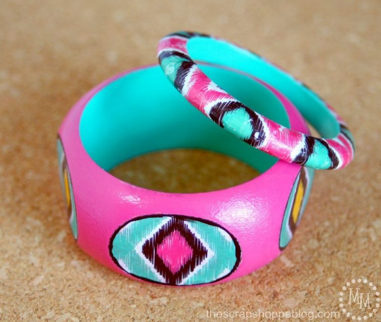 Trendy Ikat Bangles make a fun gift! Custom make them to coordinate with a specific outfit. Made with paint and decoupage. SO easy!