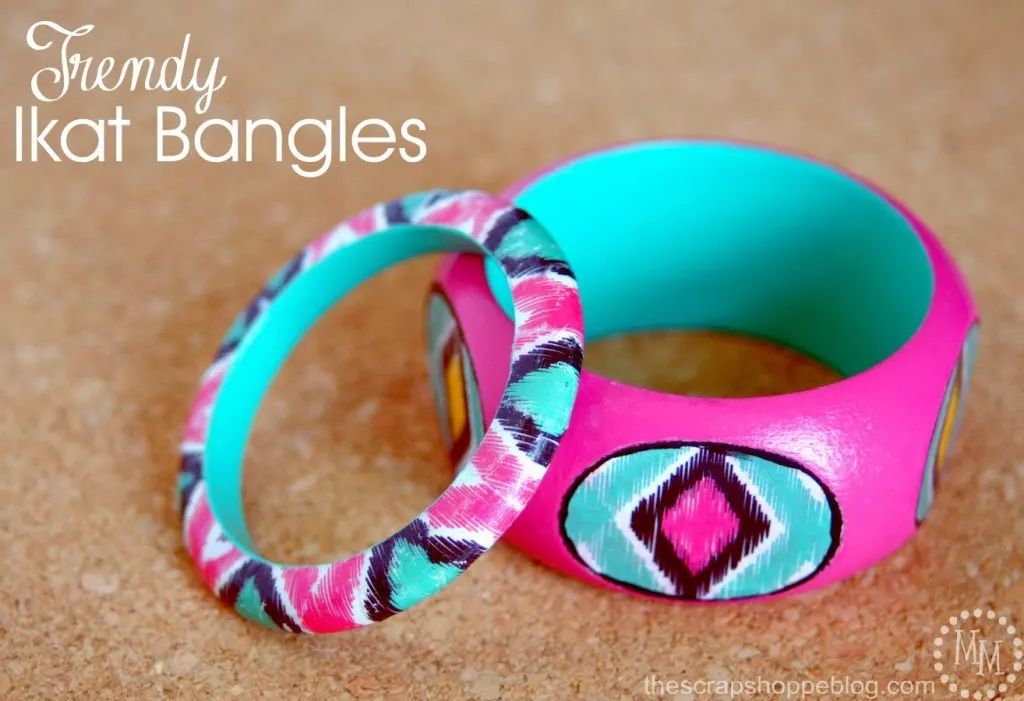 Trendy Ikat Bangles make a fun gift! Custom make them to coordinate with a specific outfit. Made with paint and decoupage. SO easy!