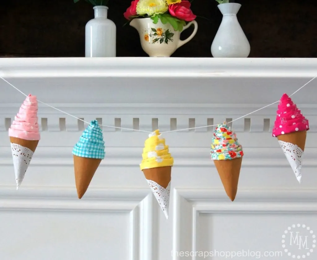 Foam Ice Cream Cone Garland using cones and fabric. So fun for an ice cream party! #MakeItFunCrafts