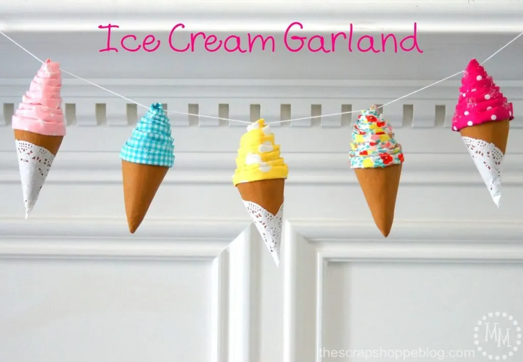 Foam Ice Cream Garland using cones and fabric. So fun for an ice cream party! #MakeItFunCrafts