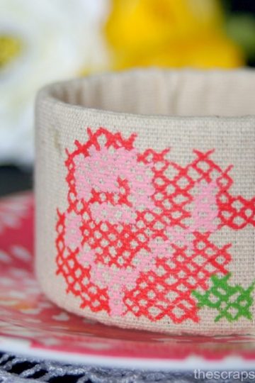 Painted Cross-Stitch Cuff made from upcycled materials