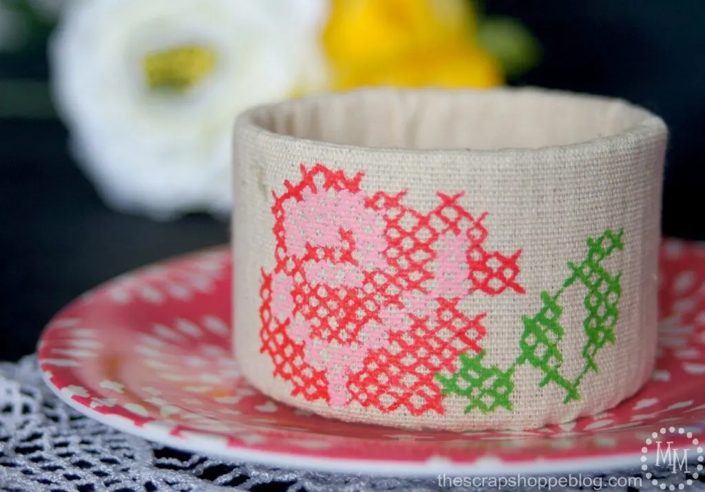 Painted Cross-Stitch Cuff made from upcycled materials