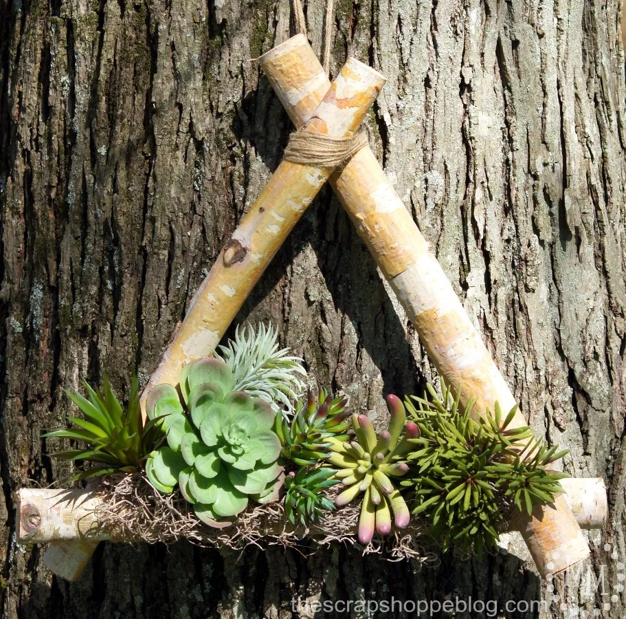 Outdoor wall art with pre-cut birch logs and faux succulents