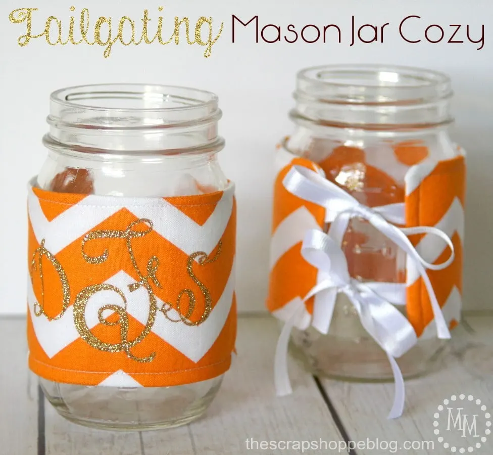 Make these Mason Jar Cozies in your football team's colors and personalize with initials. Great gift idea and only takes 15 minutes to make!