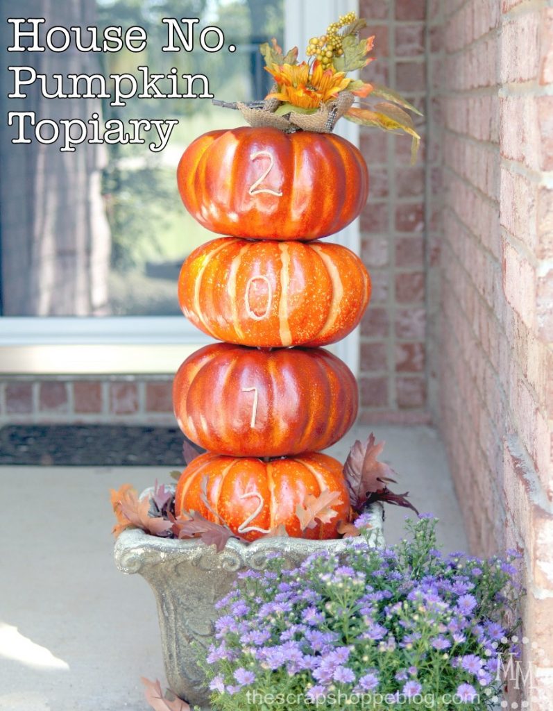 Display your house number on a DIY house no. pumpkin topiary for a festive front porch idea!