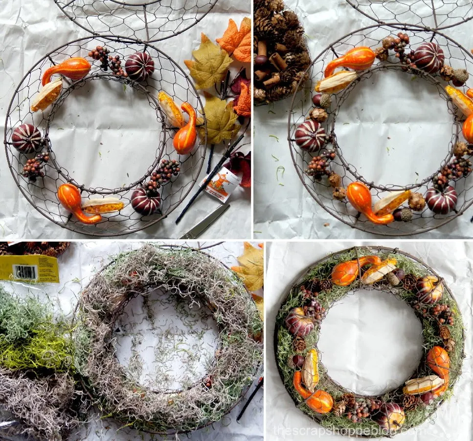 This chicken wire wreath can be filled with just about anything and is the perfect harvest wreath when filled with Spanish moss and gourds!