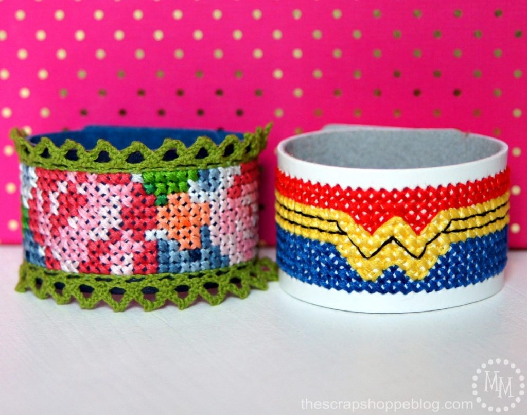 FREE cross-stitch patterns to make your own fashionable leather cuff bracelets!