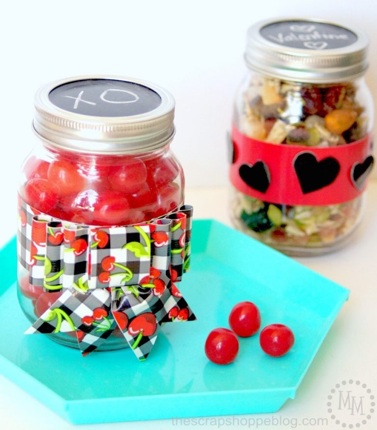 Dress up Mason jars with pretty patterned duct tape and fill with a yummy treat to give your Valentine!
