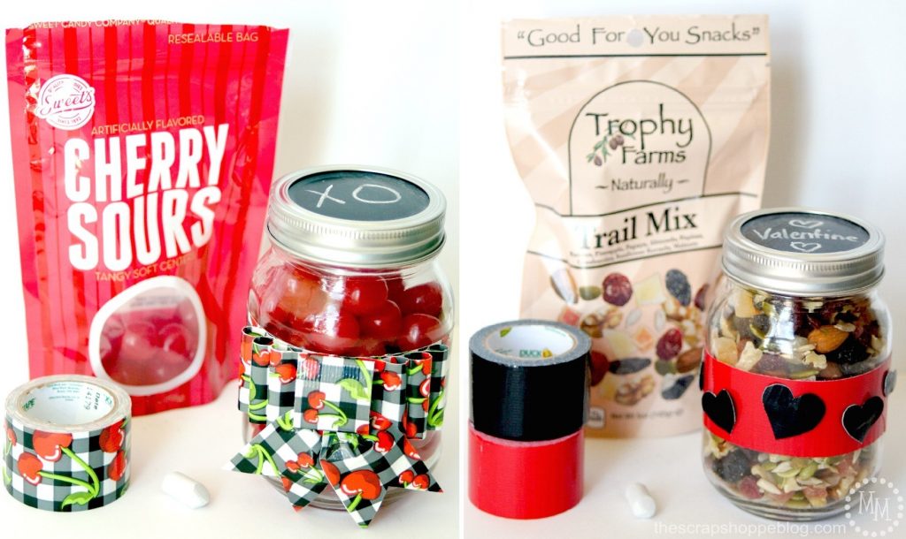 Dress up Mason jars with pretty patterned duct tape and fill with a yummy treat to give your Valentine!