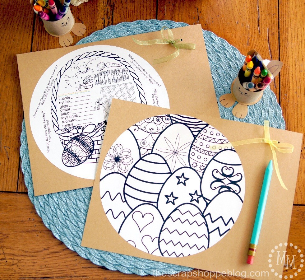 Keep the kids entertained before Easter dinner with these DIY activity card placemats and DIY some adorable bunny crayon holders, too!