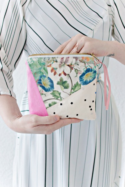 diy geometric fabric scrap zipper clutch