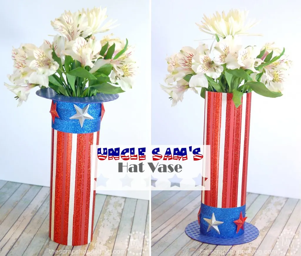 Use scrapbook paper to make this simple Uncle Sam's hat vase patriotic statement centerpiece.