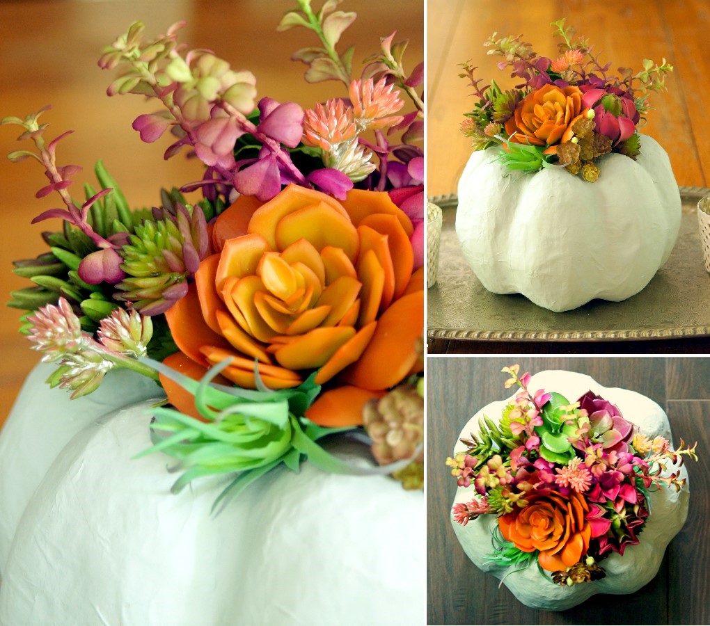 Make a stunning centerpiece using a painted paper mache pumpkins and faux succulents!