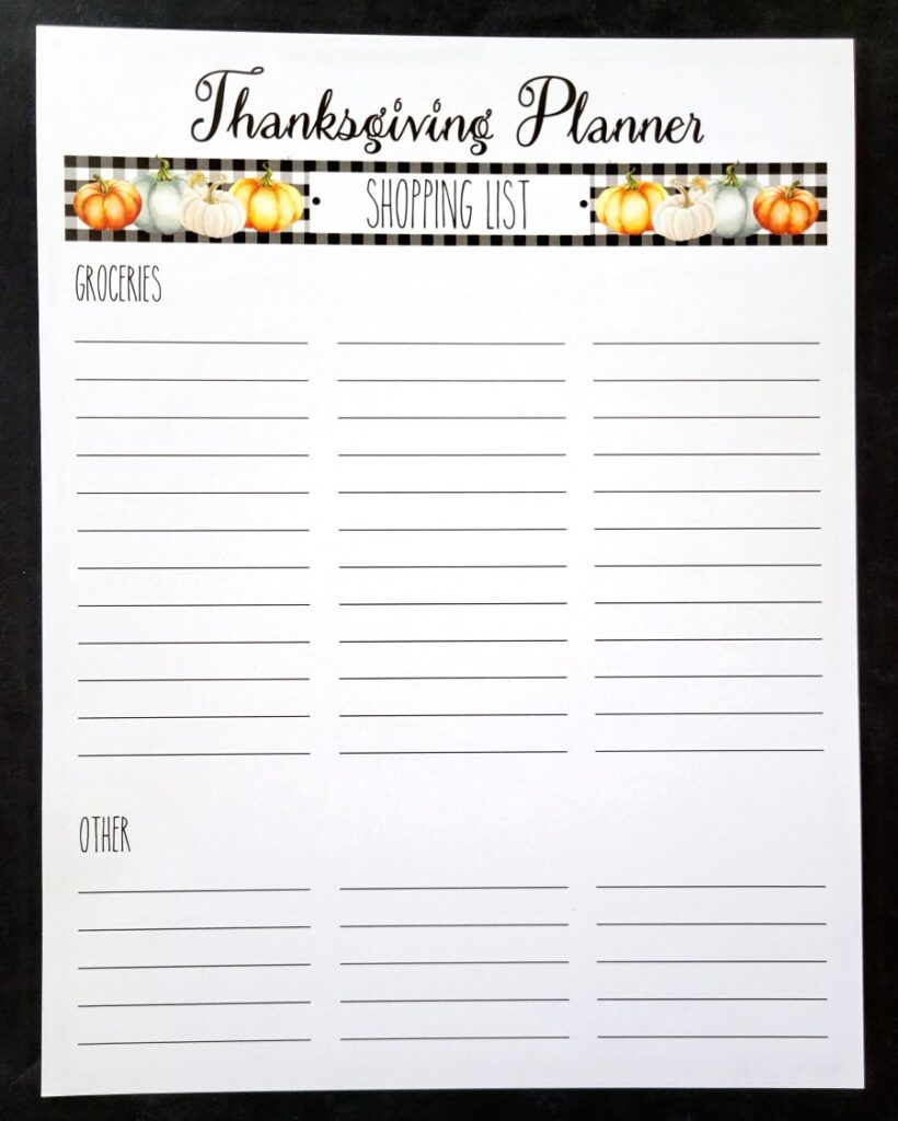 Thanksgiving planner shopping list