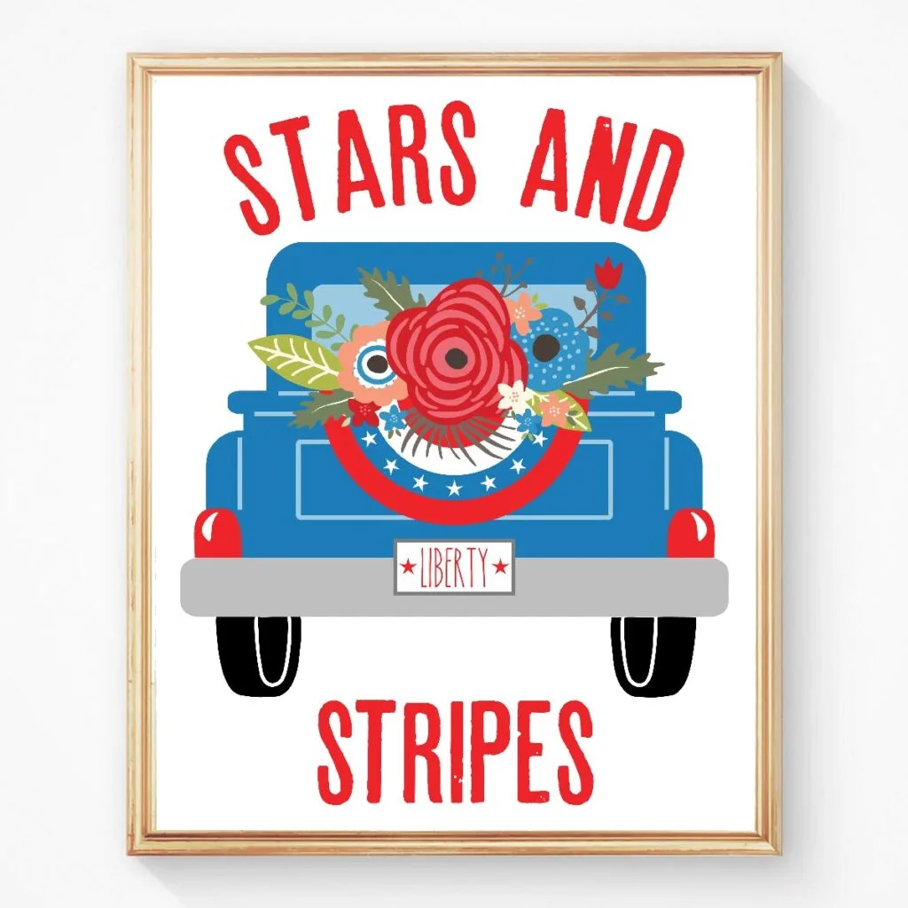 patriotic red white and blue vintage truck print
