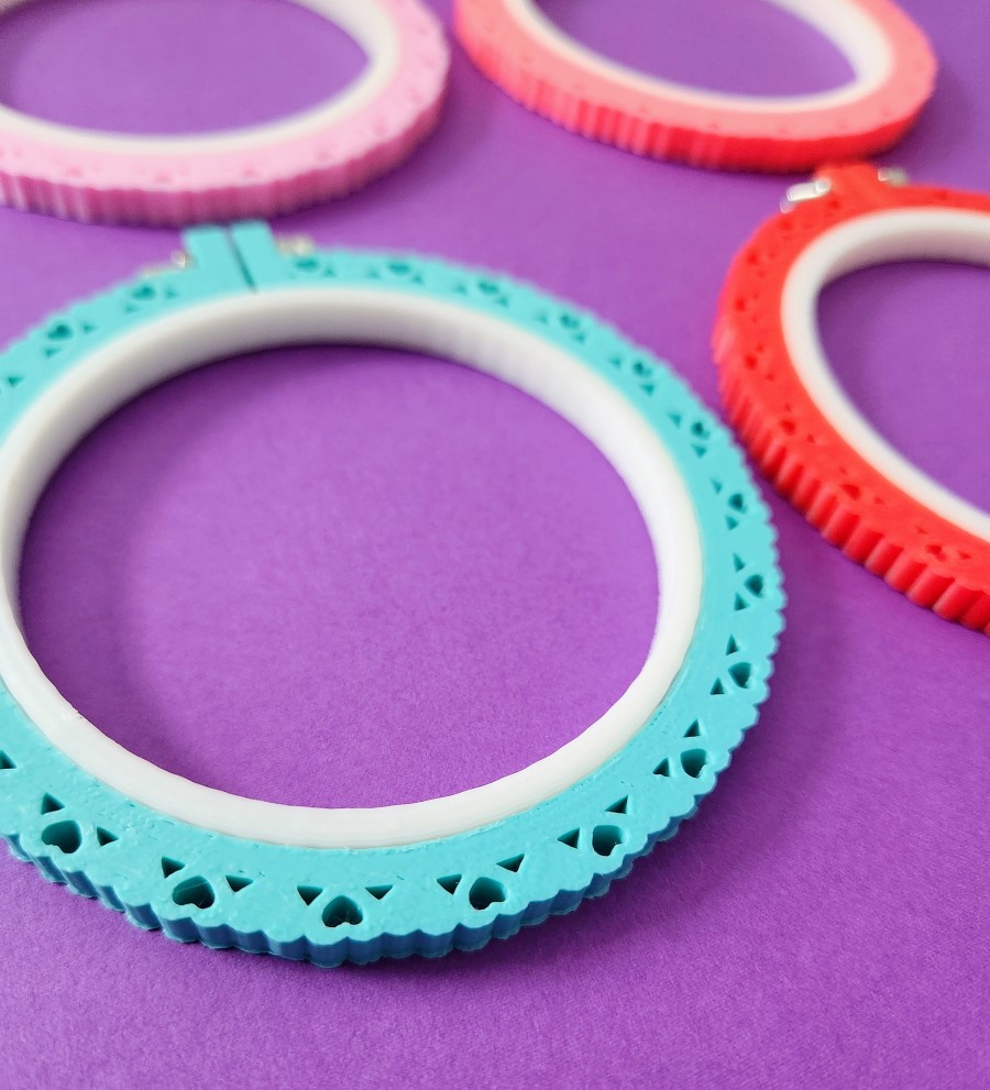 close up 3d printed hearts valentines embroidery hoops