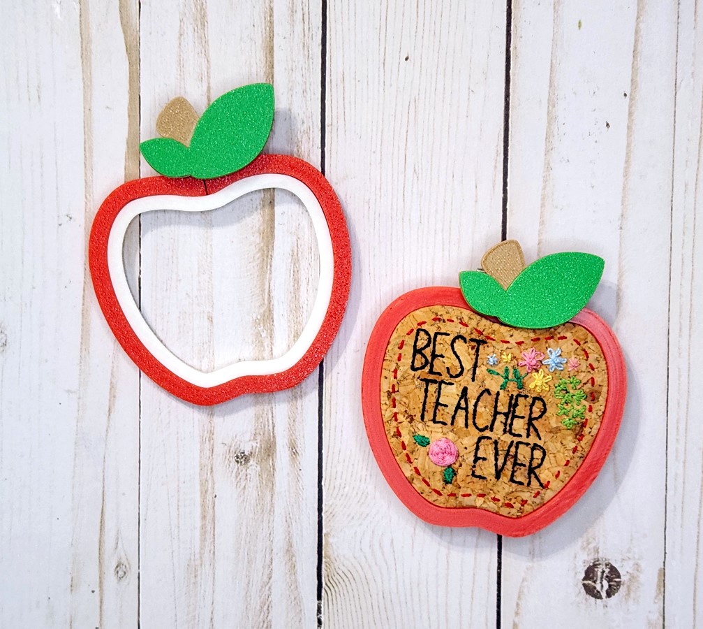 school apple embroidery hoop
